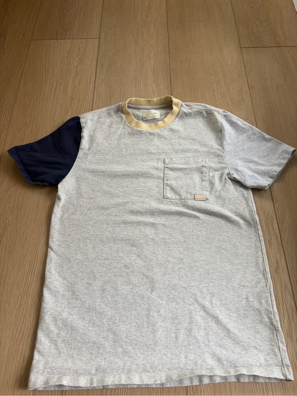 Aime Leon Dore Heather Gray Colour block Tee with Navy Sleeve and Cream Collar